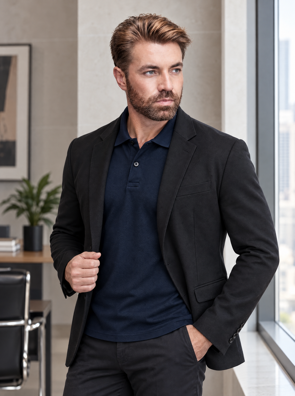 Homem em escritório com janela, vestindo blazer preto sobre polo marinho