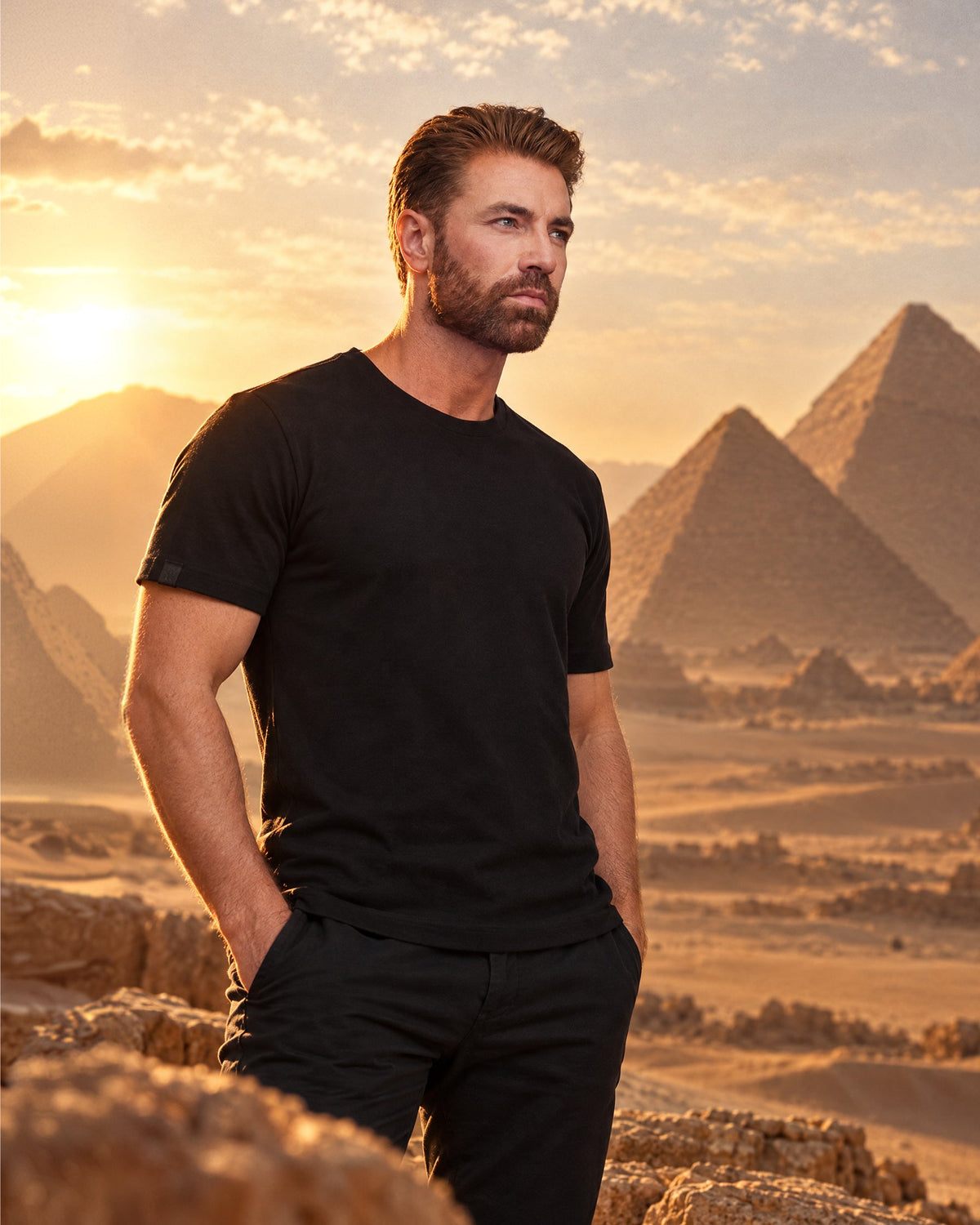 Homem de camiseta preta diante das pirâmides ao pôr do sol